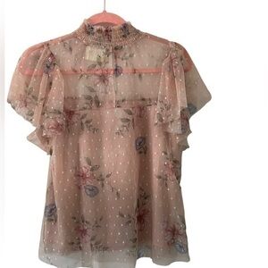 Sheer Floral Light‎ Pink Top W/ Lace Overlay Size Large